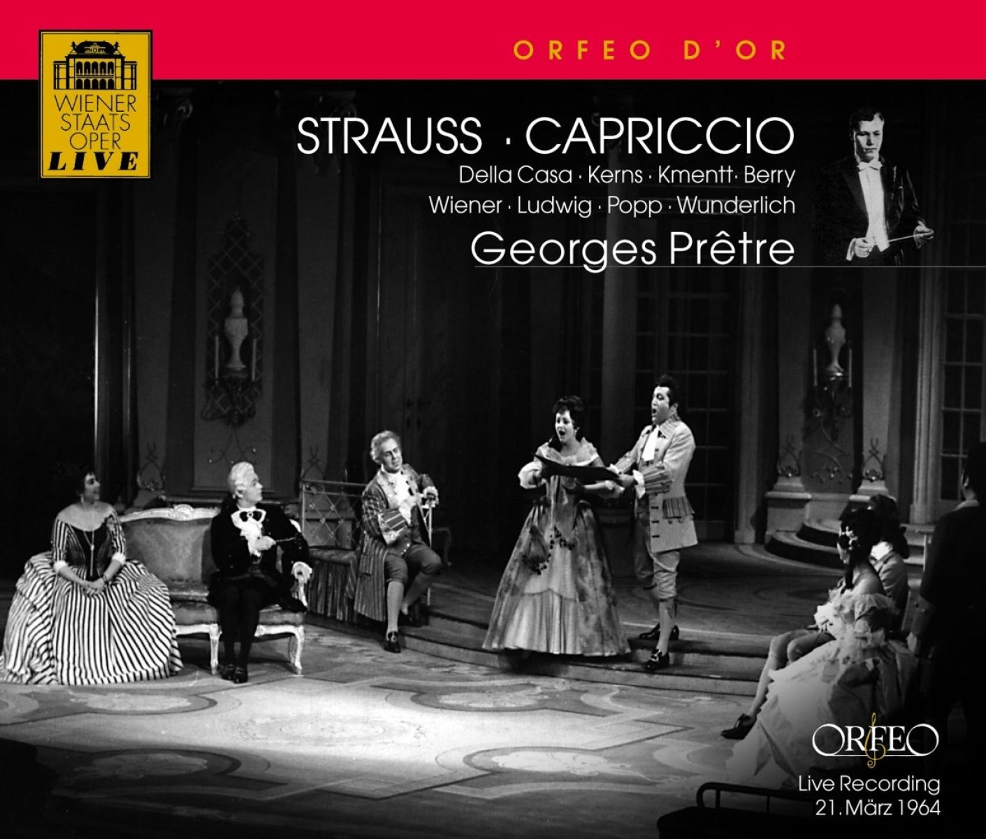 Afbeelding van Lisa Della Casa, Robert Kerns, Waldemar Kmentt, Walter Berry, Otto Wiener, Christa Ludwig, Lucia Popp, Fritz Wunderlich, Georges Prêtre - Strauss: Capriccio