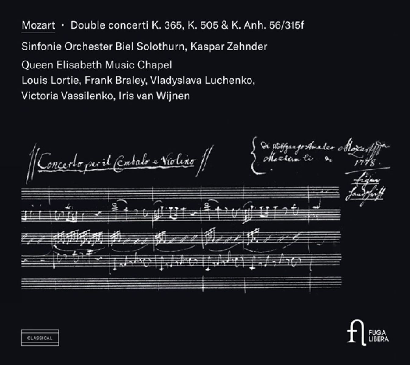 Afbeelding van Sinfonie Orchester Biel Solothurn, Kaspar Zehnder, Queen Elisabeth Chapel, Louis Lortie, Frank Braley, Vladyslava Luchenko, Victoria Vassilenko, Iris van Wijnen - Mozart: Double Concerti K. 365, K. 505 & K. Anh. 56/315F
