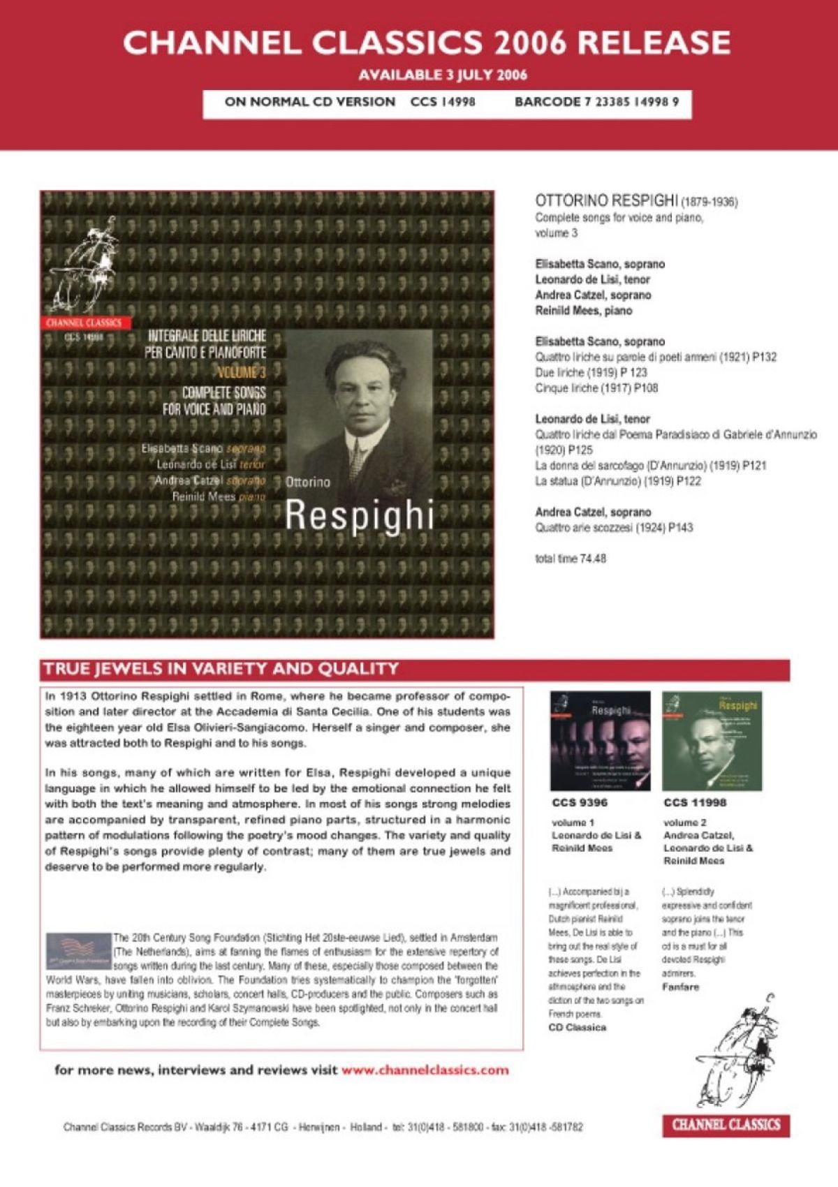 Afbeelding van Andrea Catzel, Elisabetta Scano, Leonardo de Lisi, Reinild Mees - Respighi: Complete Songs For Voice And Piano